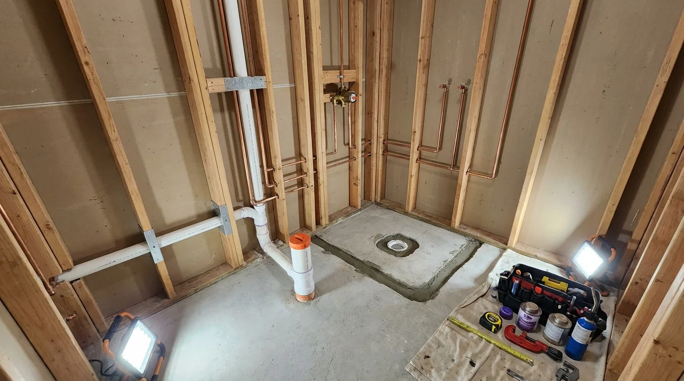 Bathroom rough-in plumbing during remodel by Johns Plumbing LLC in West Orange