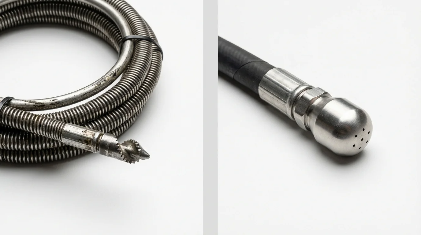 Drain snake cable and hydro jetting nozzle used for drain cleaning in West Orange, NJ