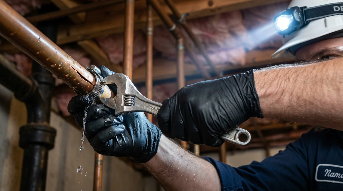 Emergency pipe clamp repair being performed by a Johns Plumbing LLC plumber in West Orange