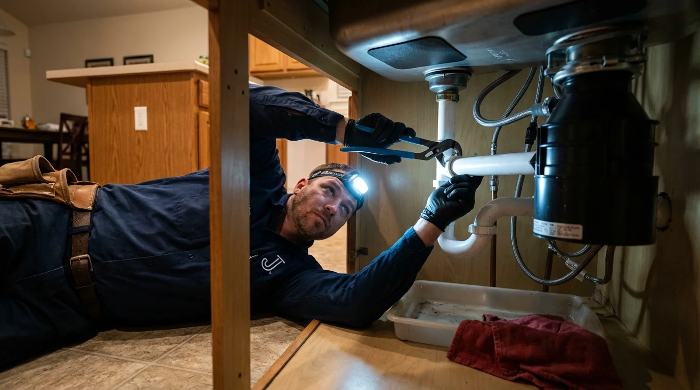 P-trap and supply line connections under a kitchen sink showing a common leak point in West Orange, NJ